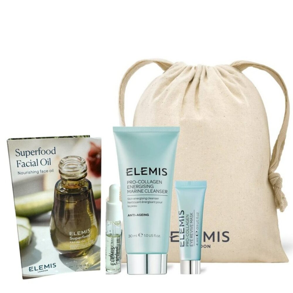 Elemis Pro-Collagen Marine Cleanser, Eye Revive Mask, Superfood Facial Oil & Bag
